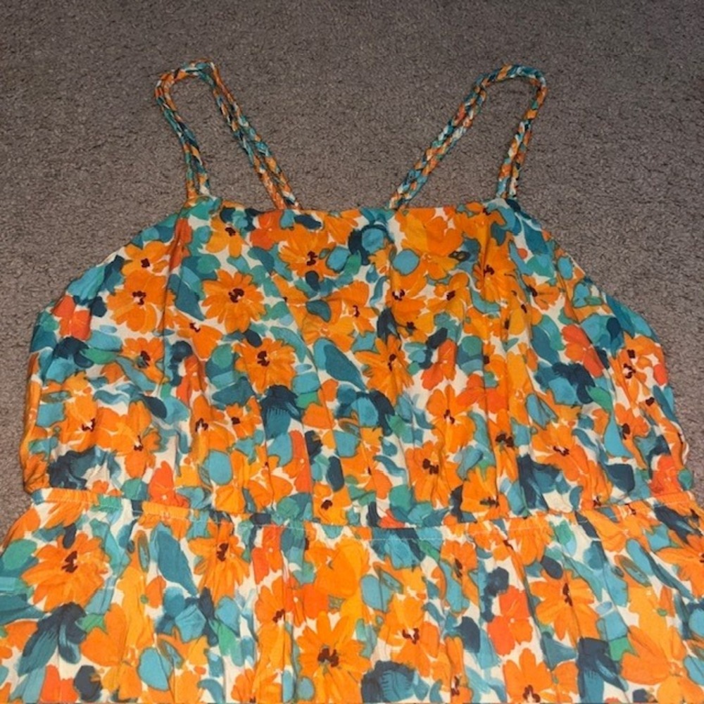 ModCloth Twists and Tendrils Overall Tiered Midi Dress Floral Orange Green 2X - Picture 3 of 9